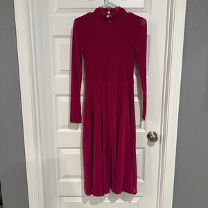 Burgundy Long Sleeve Fit & Flare Dress – Shimmer Finish